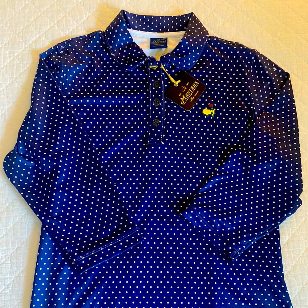 Ladies Peter Millar Navy Polka Dot Masters 3/4 sleeve golf shirt.